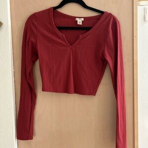 Women's Red Long Sleeve Top bozzolo burgundy ribbed crop shirt medium